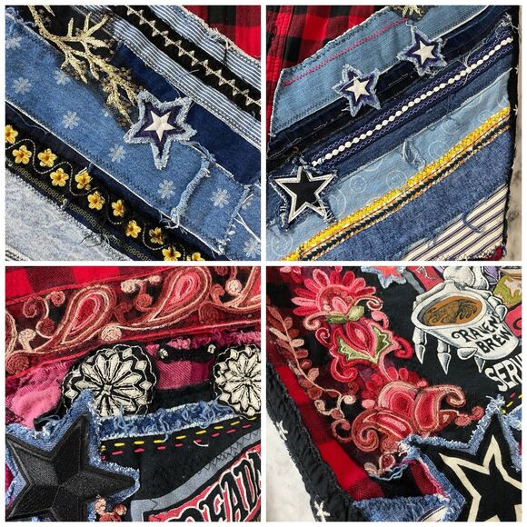 Upcycled Flannel Shirt Shacket Womens XL Jacket Coffee Grunge Patchwork Folk Art - Picture 16 of 16